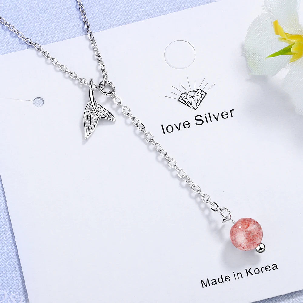 925 Sterling Silver Strawberry Crystal Tassels Fish Whale's Tail Mermaid Pendant Necklaces for Women Silver Jewelry Girl Gift