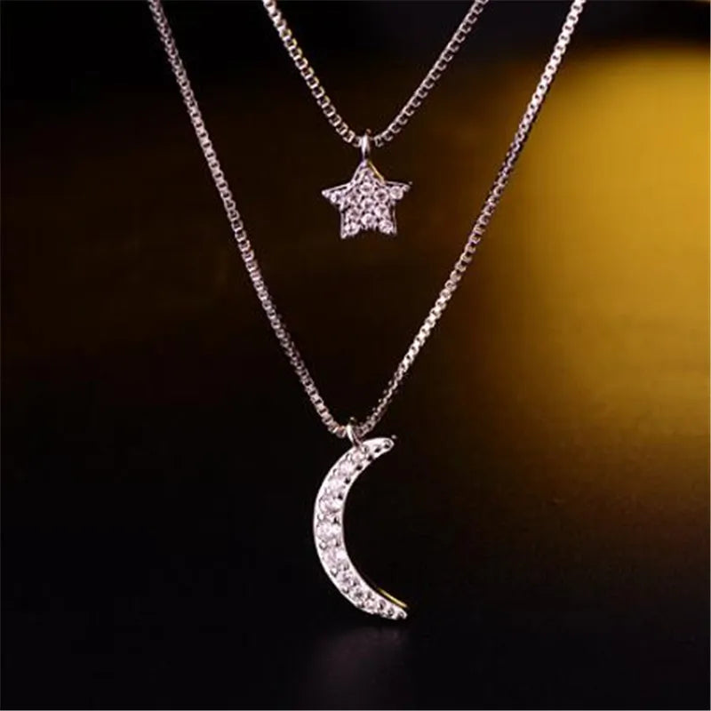 Double-layer Zirconia Moon Star 925 Sterling Silver Necklaces For Women Short Chain Choker De Prata Gift S-n389