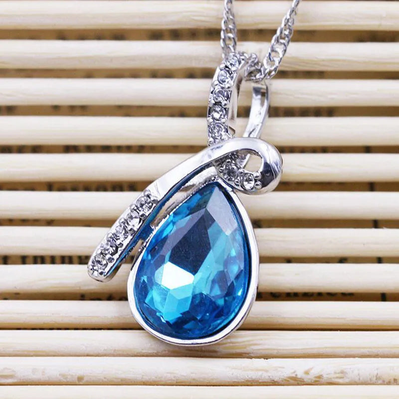 Blue Crystal Angel Tear Pendant Necklace 925 Sterling Silver Waterdrop Necklace for Women Fine Jewelry