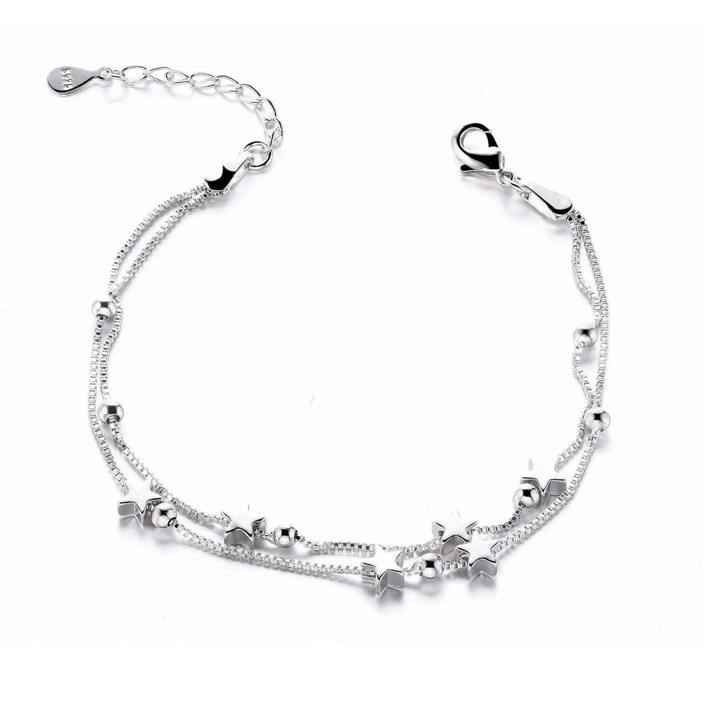 100% 925 Solid Real Sterling Silver Fashion Double Layer Star Beads Bracelet 17cm For Women Girl Silver Jewelry DS1211