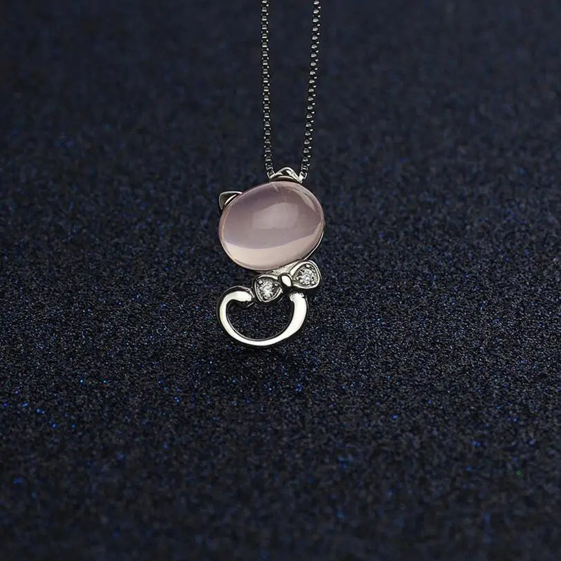 925 Sterling Silver Pink Moon Light Stone Cat Pendant Necklace For Women Gift 45cm Link Chain collares kolye S-N75