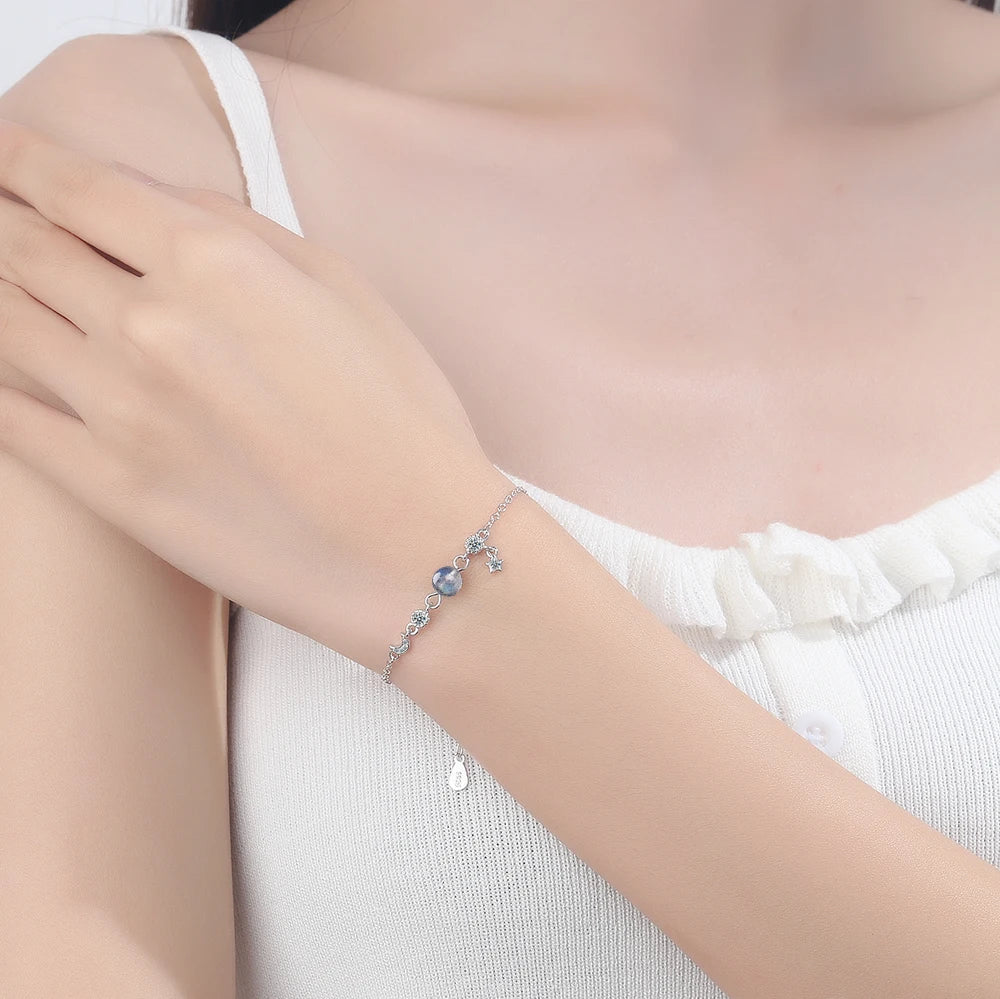 Simple Fashion Micro CZ Moon Star Tassel 925 Sterling Silver Moonstone Bracelet For Women Girl Summer Jewelry Gift S-B169