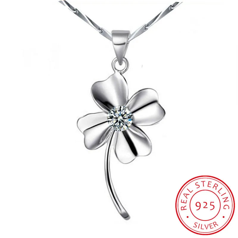 925 Sterling Silver Jewelry Zirconia Clover Pendant Neckace For Women Gift 45cm Chain choker collares kolye S-N130