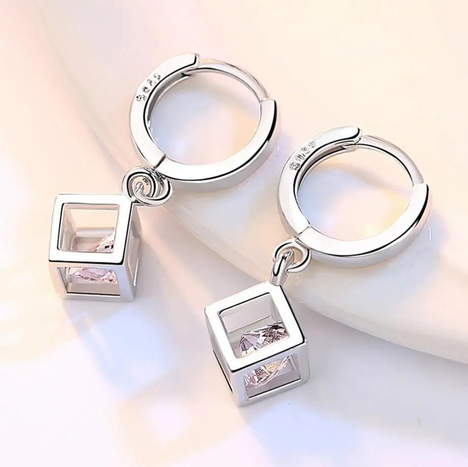 925 Sterling Silver Cube Love Window Zirconia Sugar Drop Earrings For Women brincos de prata Best Gift S-E228