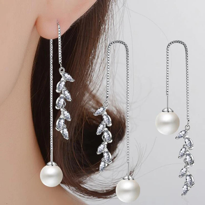Trendy Leaf Shaped Long Line Earring Jewelry Cubic Zirconia Cz New Fashion 925 Silver Female Earring Accessory Drop