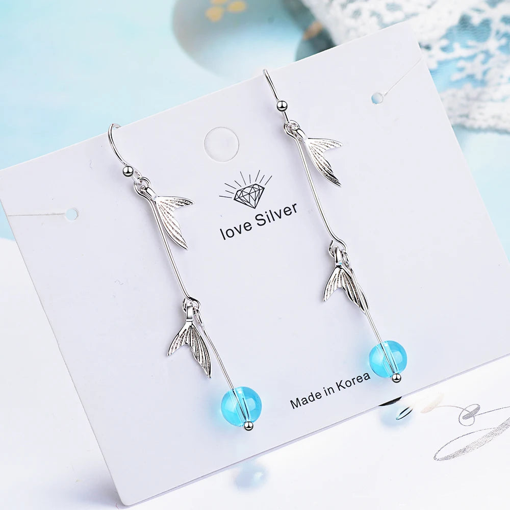 925 stamp silver color Cubic Zirconia Fish Tail Long Drop Earrings For Women Creative Lady Fine Jewelry