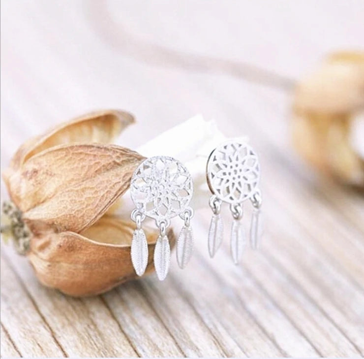 925 silver needle Earrings Dream Catcher Fashion Feather Tassel Earrings For Women oorbellen brincos de prata S-E387