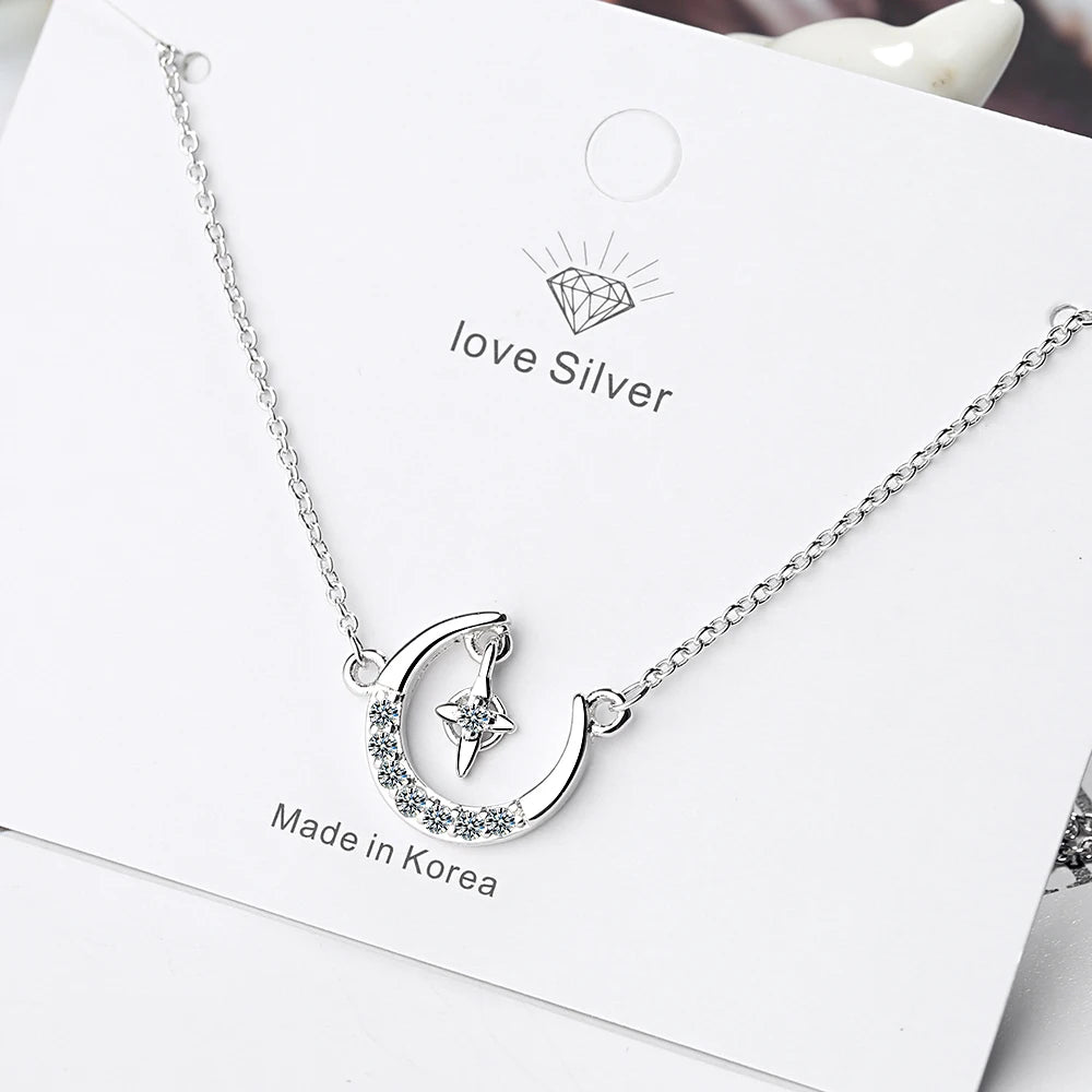 925 Sterling Silver Moon Stars Charm Pendant Necklace for Women Fashion Silver Necklace Choker collier for Lady