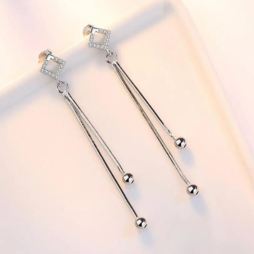 Simple Fashion 925 stamp silver color brincos Hollow Crystal Square Long Tassel Drop Earrings For Women S-E224