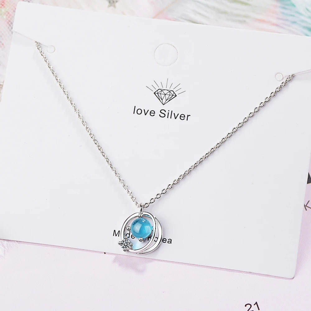 Hot Sale 925 Sterling Silver Aurora Space Planet Pendant Necklaces for Women Pretty Stone Necklace Pendant