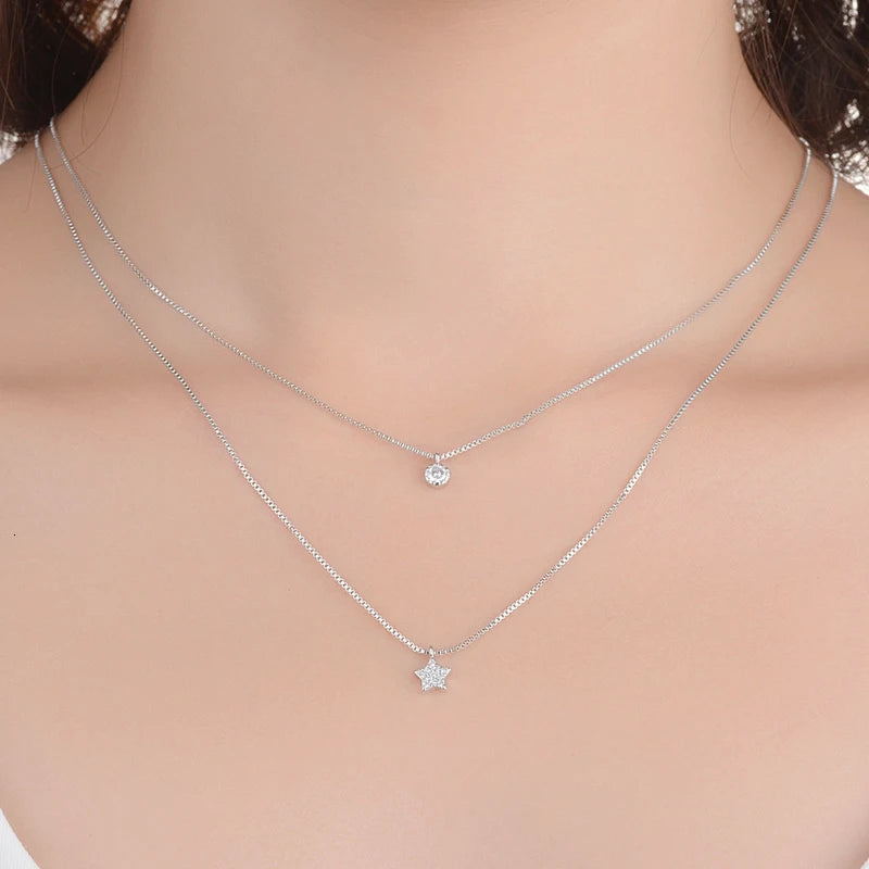 New Arrival 925 Sterling Silver Double Layers Necklace With Star Pendent Collarbone Necklace Chain For Women & Girl Jewelry
