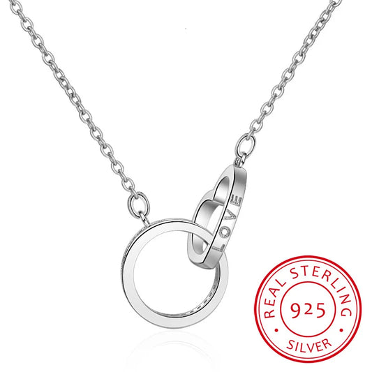 925 Sterling Silver Double Circle Love Heart Cz Zirconia Necklaces & Pendants For Women Gift Choker Collares S-n59