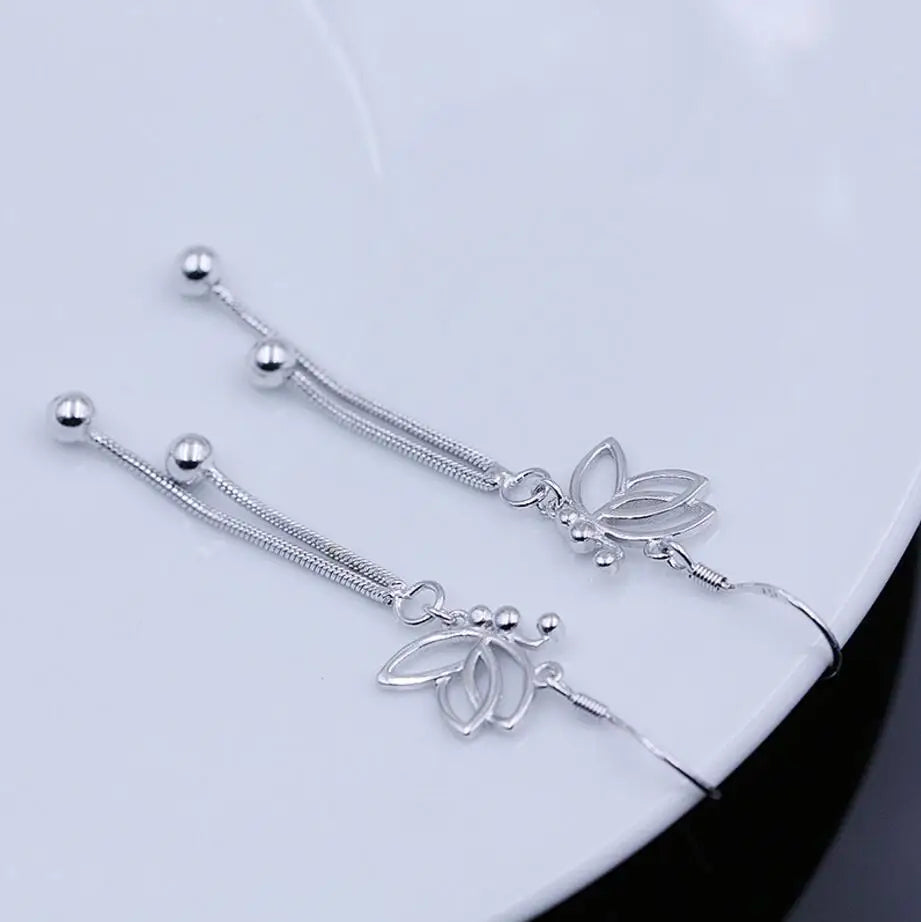 925 Sterling Silver Butterfly Long Tassel Beads Drop Earrings For Women Boucle d'oreille oorbellen S-E65