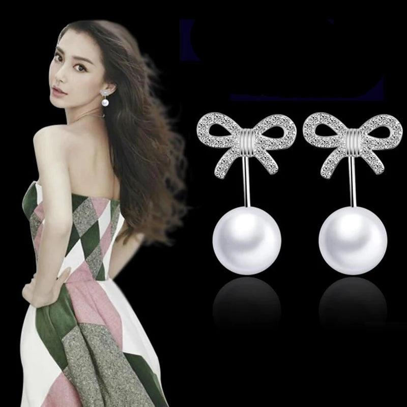 925 Sterling Silver Earrings Mosaic Zirconia Bowknot Pearl Stud Earrings For Women oorbellen brincos pendientes S-E371