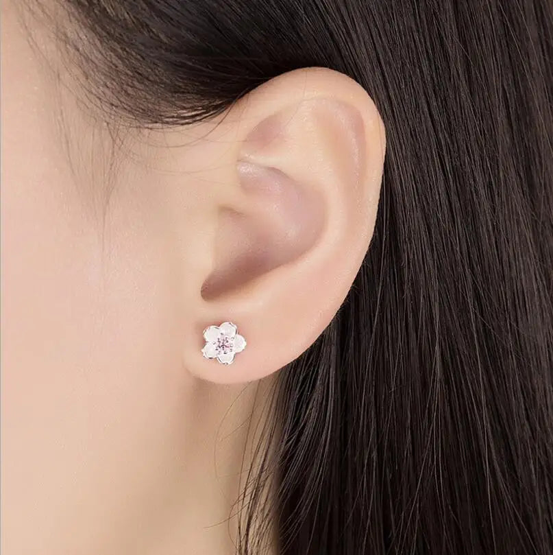 Silver 925 Jewelry Sterling Silver Earrings Cherry Blossom Inlaid Pink Zirconia Ear Studs Simple and Popular Earrings for Women