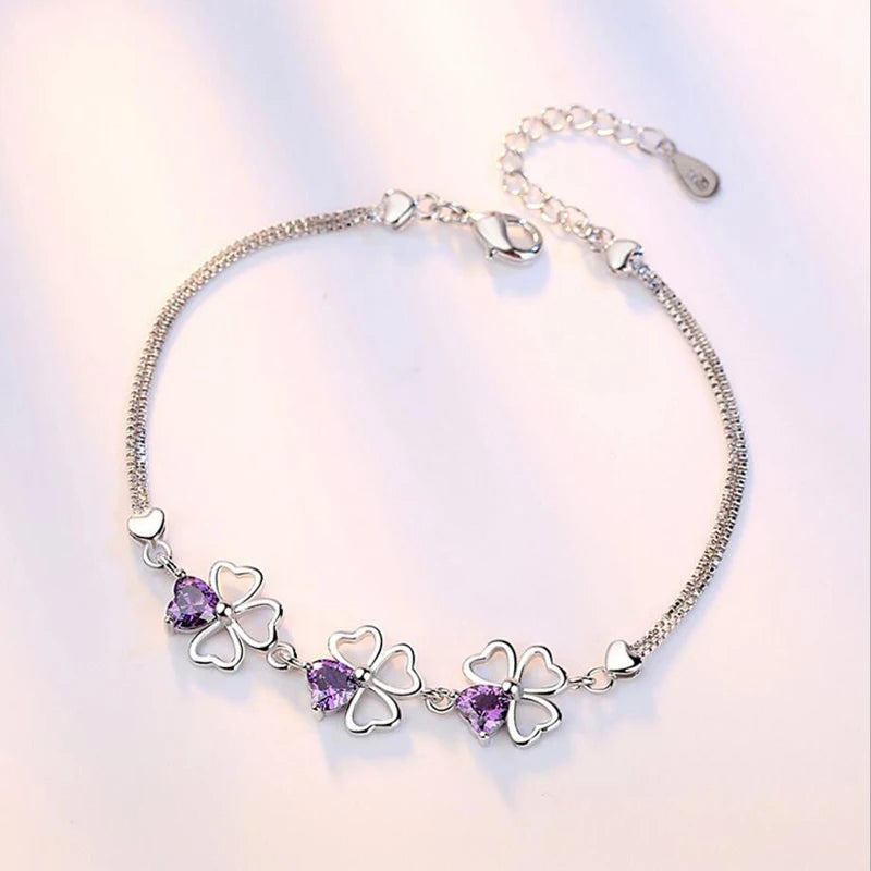 REAL 925 Sterling Silver Lucky Four Leaf Clover Charm Bracelet Purple Crystal Link Chain Bracelet for Women Original Jewelry