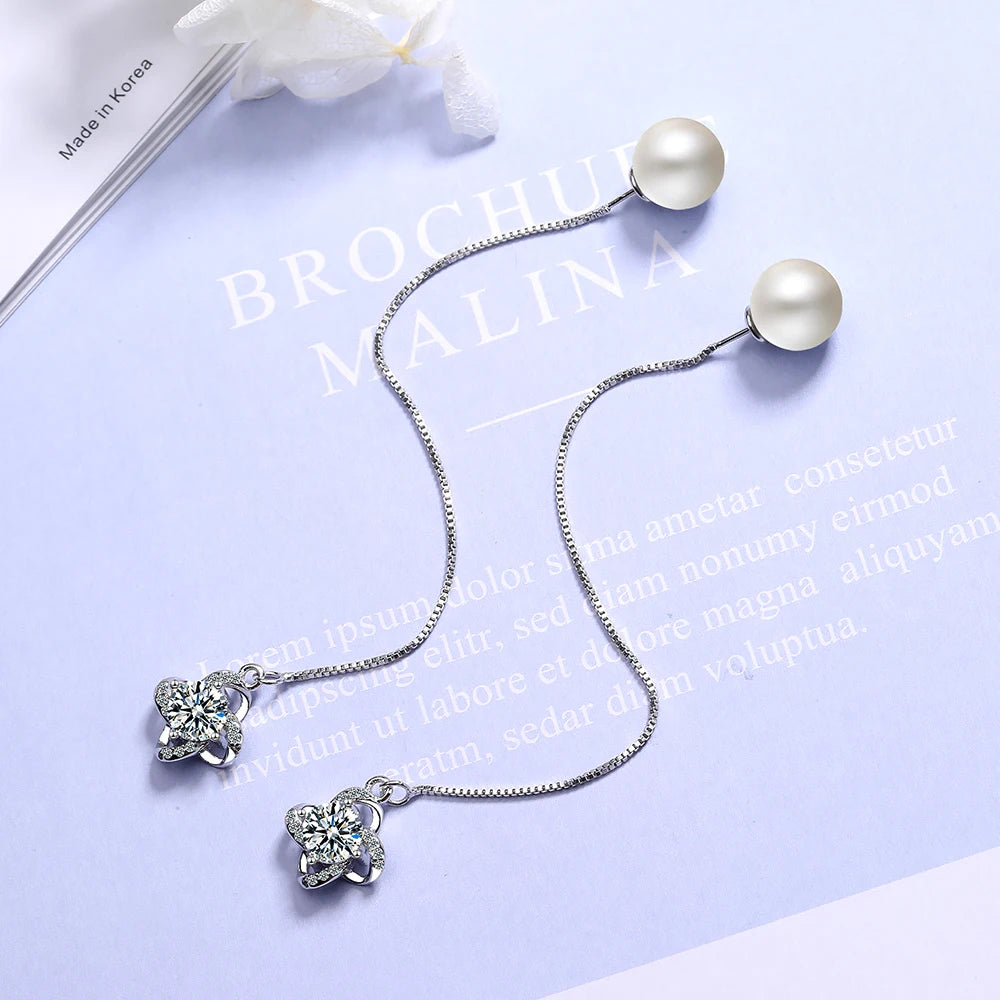 925 silver long Drop Earrings for women with round Pearl Jewelry silver zirconia Women Wedding Party wholesale gift