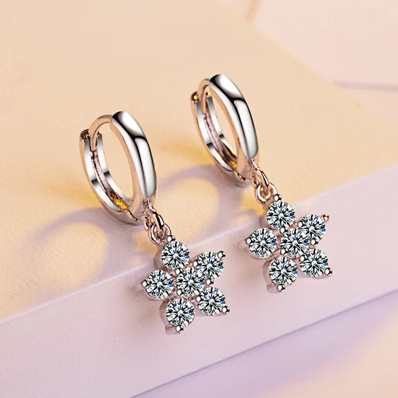 925 stamp silver color Crystal Zirconia Plum Blossom Flowers Drop Earrings For Women Temperament Sterling-silver-jewelry Eh701