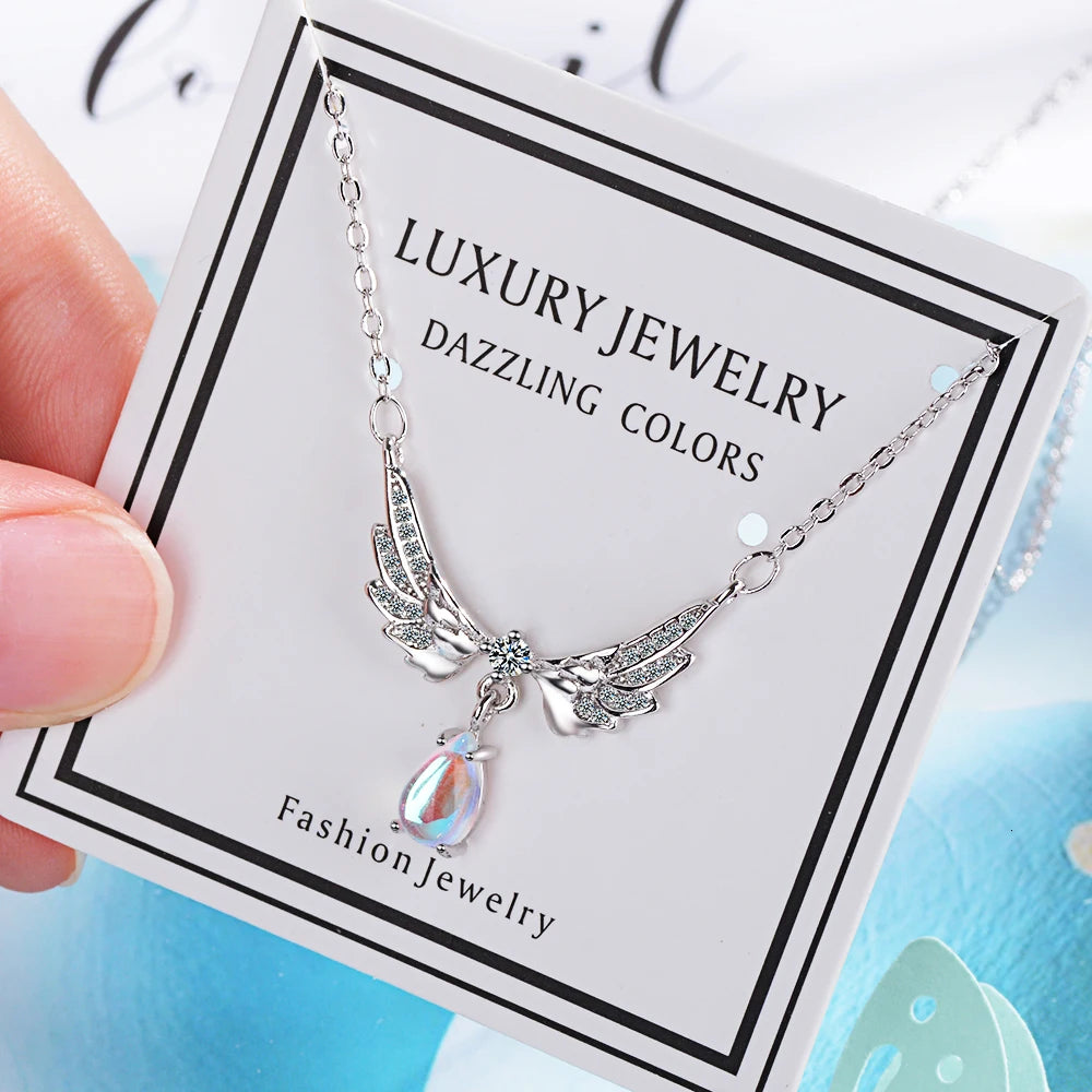 Fashion Exquisite Temperament 925 Sterling Silver Jewelry Moonstone Crystal Angel Wings Clavicle Chain Pendant Necklaces