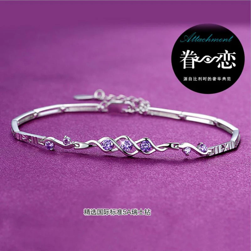 Luxury Angel Heart Bracelet 925 Sterling Silver Fine Wedding Jewelry Purple Clear Crystal Zirconia Bracelets pulseras