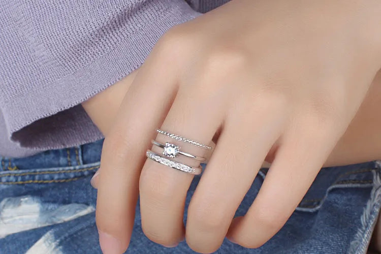 Trendy Korean Style 925 Sterling Silver Multi-layer Wedding Rings For Women Dazzling Zirconia Crystal Opening Ring S-R239
