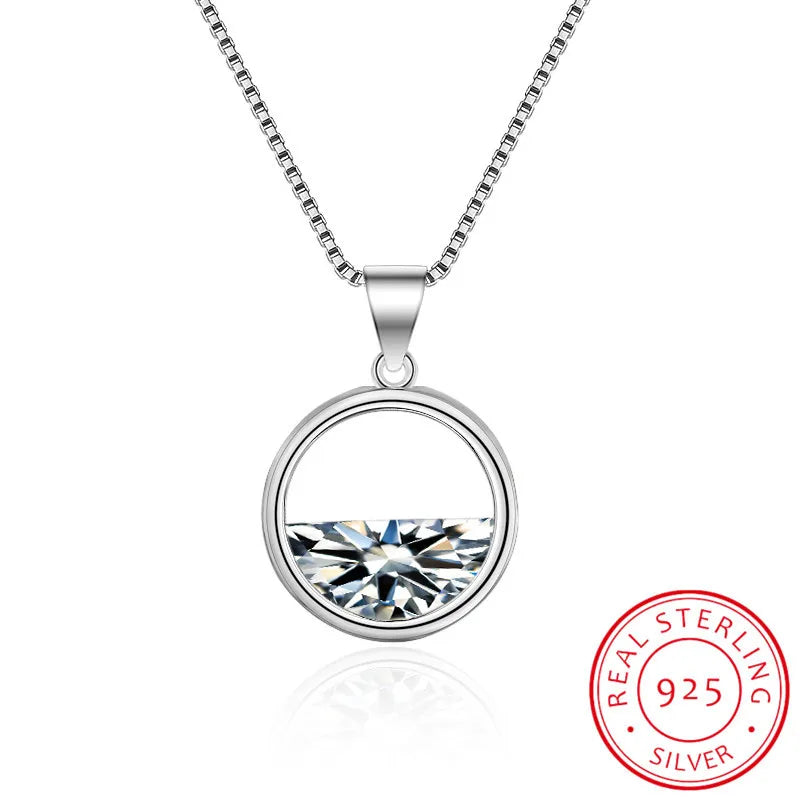 Real 925 Sterling Silver Crystal Round Minimalist Pendant Necklaces Minimalist Fine Jewelry For Women Party Accessories