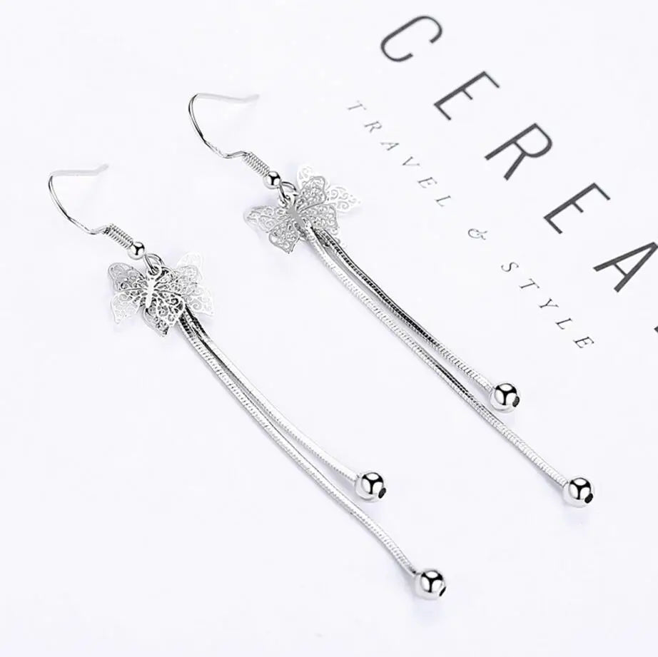 925 stamp silver color Drop Earrings For Women Hollow Butterfly Flying Long Tassel Earrings oorbellen brincos de prata S-E414