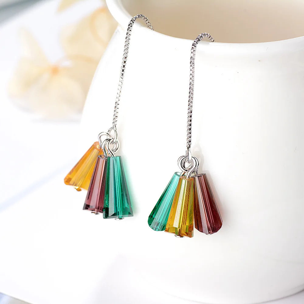 925 stamp silver color Fan-shaped Earrings Colorful Crystal Rainbow Tassel Earrings Ear Chain For Women Oorbellen