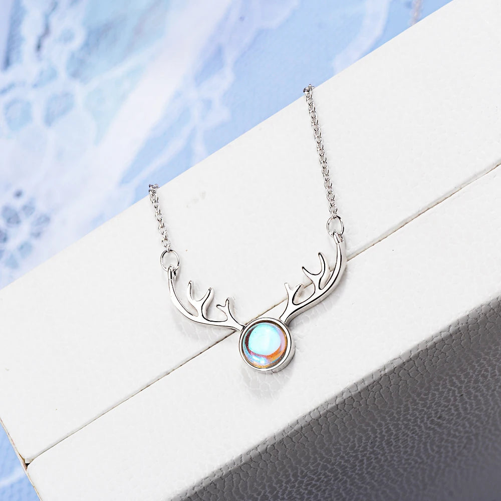 Sweet Colorful Moonstone Antler Necklace For Women 925 Sterling Silver Chain Necklace Best Gift S-n362