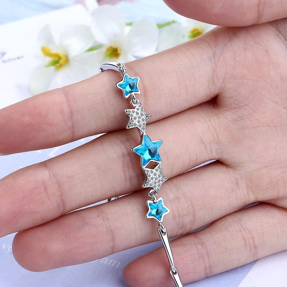 Delicate 925 Sterling Silver Blue Crystal luxury Zirconia Star Bracelets Pulseiras For Women Valentines Gift Wedding Jewelry