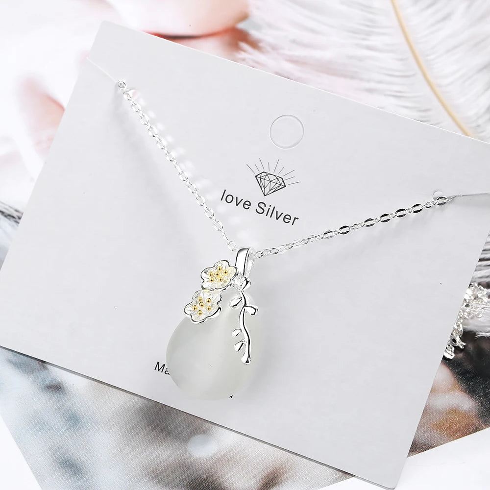 925 Sterling Silver Necklace Love Angle Tear Moonlight Opal Blossom Cherry Flower Pendant Neckace For Women Gift Choker