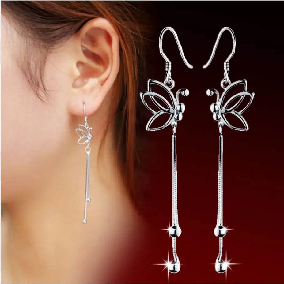 925 Sterling Silver Butterfly Long Tassel Beads Drop Earrings For Women Boucle d'oreille oorbellen S-E65