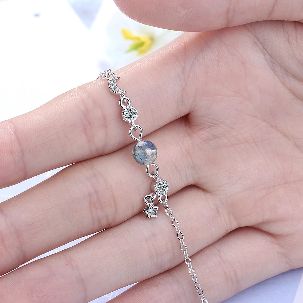 Simple Fashion Micro CZ Moon Star Tassel 925 Sterling Silver Moonstone Bracelet For Women Girl Summer Jewelry Gift S-B169