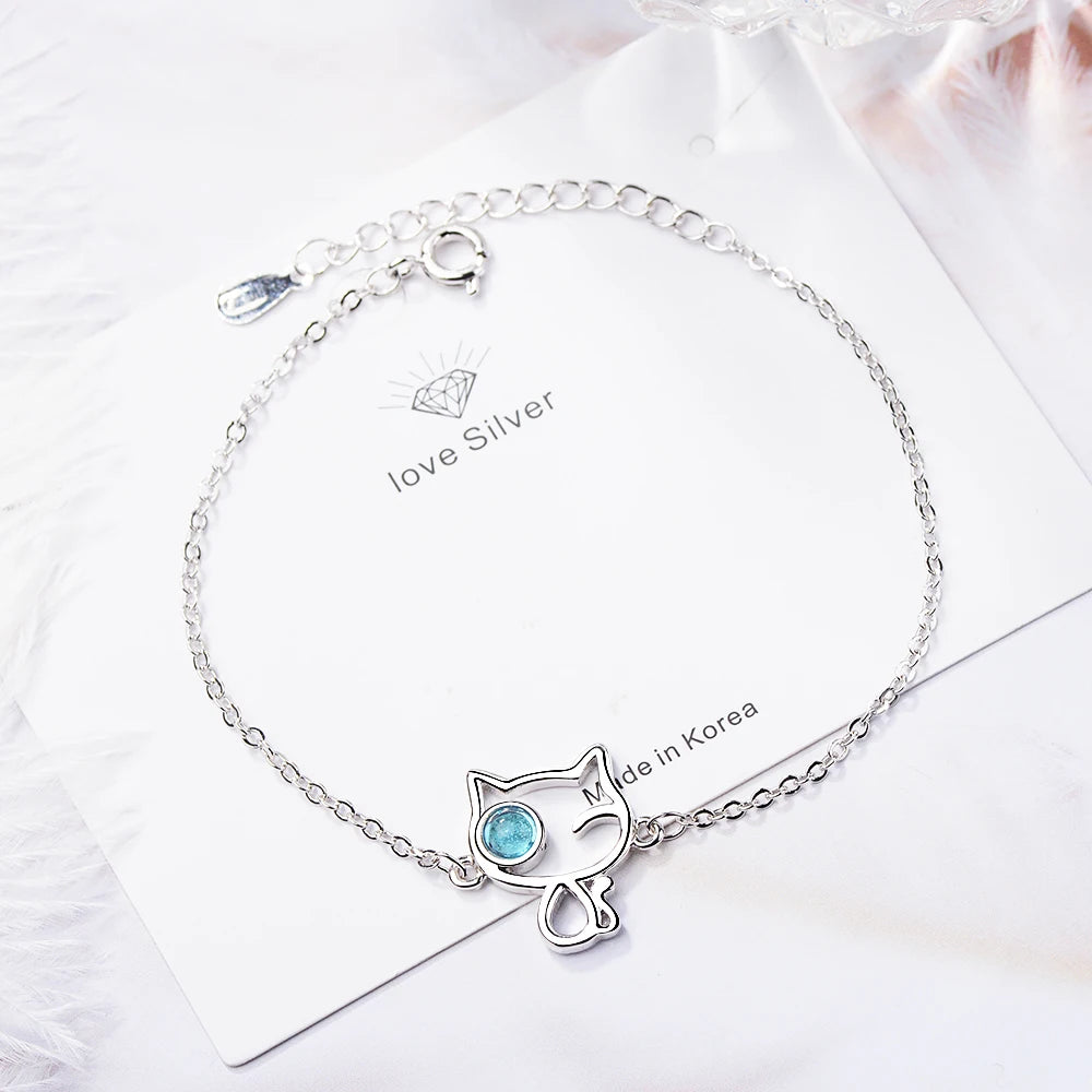 Blue Crystal Cat Lovely Adjustable Bracelets & Bangles Ins Style 925 Sterling Silver Bracelet Mujer Jewelery Party Gifts