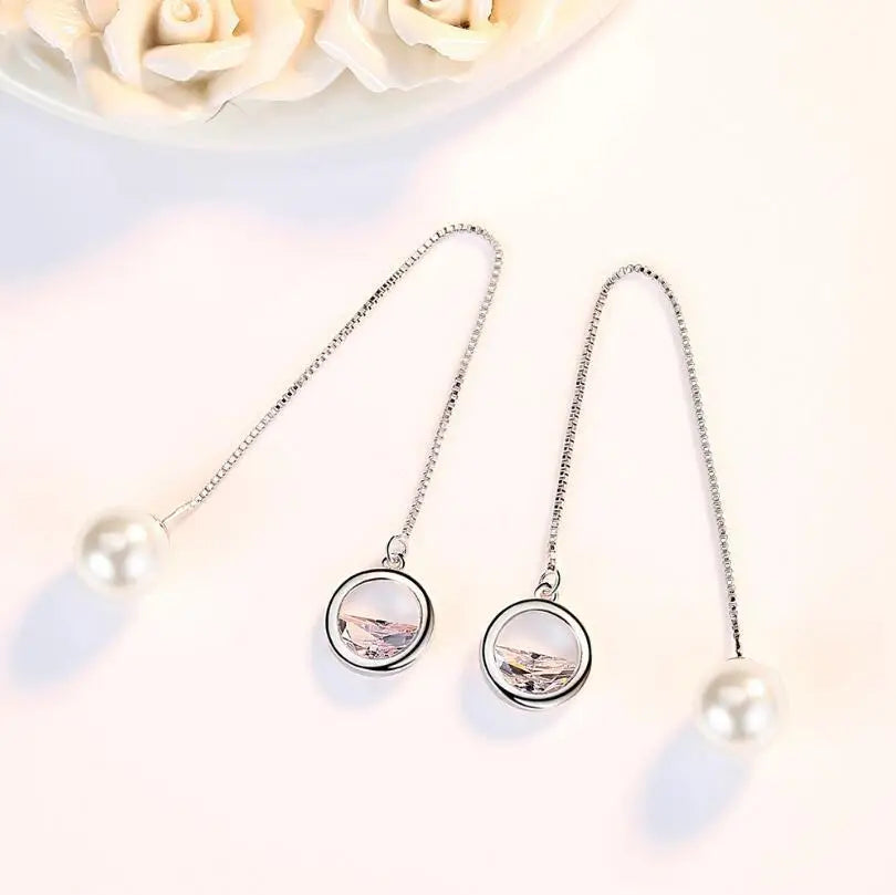 Newest Pendants 925 stamp silver color Dazzling CZ Zirconia Pearl Long Tassel Ear Line Drop Earrings For Women Earrings