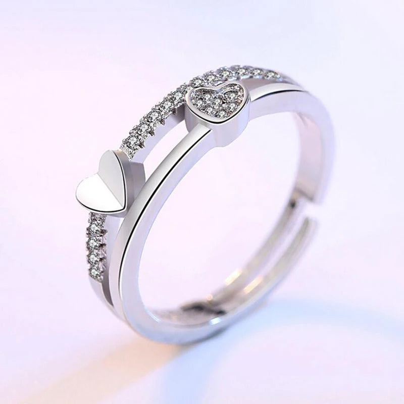 Luxury 925 Sterling Silver Wedding Ring For Women Double Heart Zirconia Opening Ring Valentine's Day Present S-R133