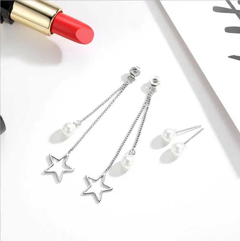 925 silver needle Stud Earrings Pendientes Star Pearl Tassel Earrings for Women Oorbellen Charles