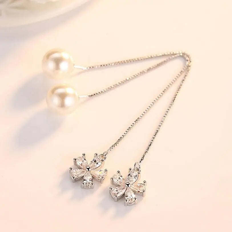 Simple Luxury 925 stamp silver color Earrings For Women Zirconia Ice Flower Pendant Pearl Long Tassel Earrings S-E531