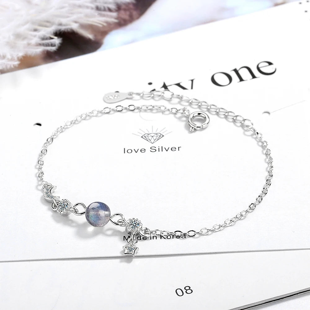 Simple Fashion Micro CZ Moon Star Tassel 925 Sterling Silver Moonstone Bracelet For Women Girl Summer Jewelry Gift S-B169