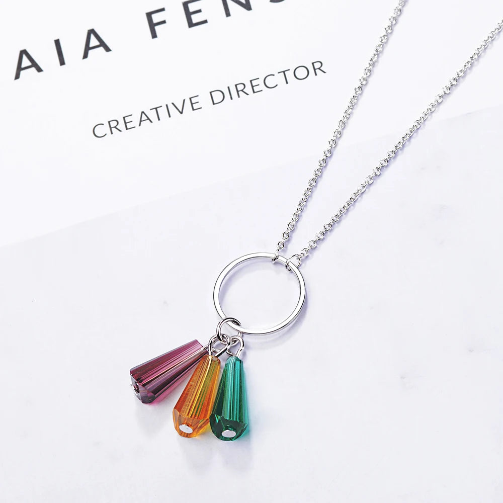New Fashion Circle Tassels 925 Sterling Silver Jewelry Female Colorful Fan Shaped Crystal  Pendant Necklace