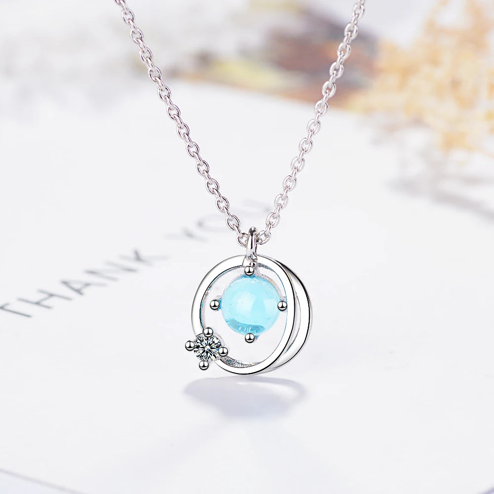 Hot Sale 925 Sterling Silver Aurora Space Planet Pendant Necklaces for Women Pretty Stone Necklace Pendant