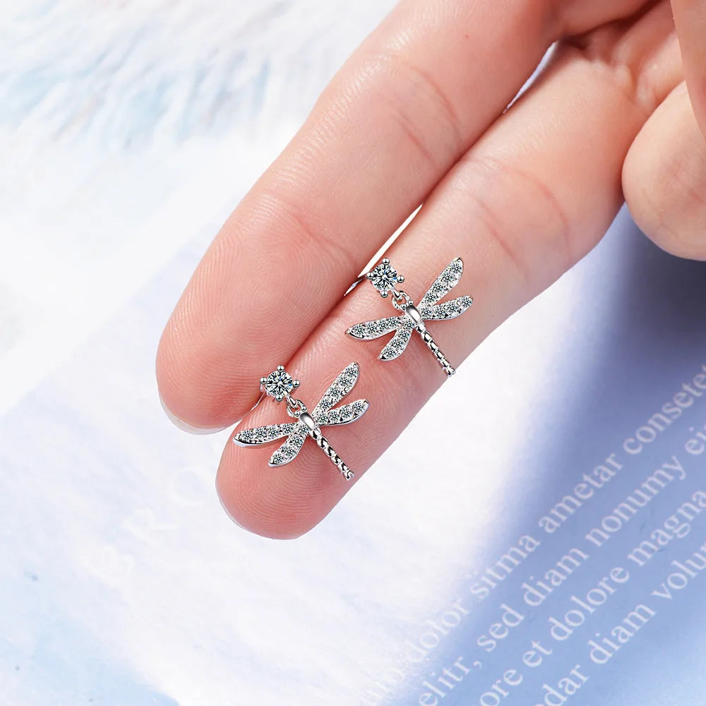 Simple Lovely 925 silver needle Mosaic Zirconia Dragonfly Earrings For Women brincos oorbellen S-E807