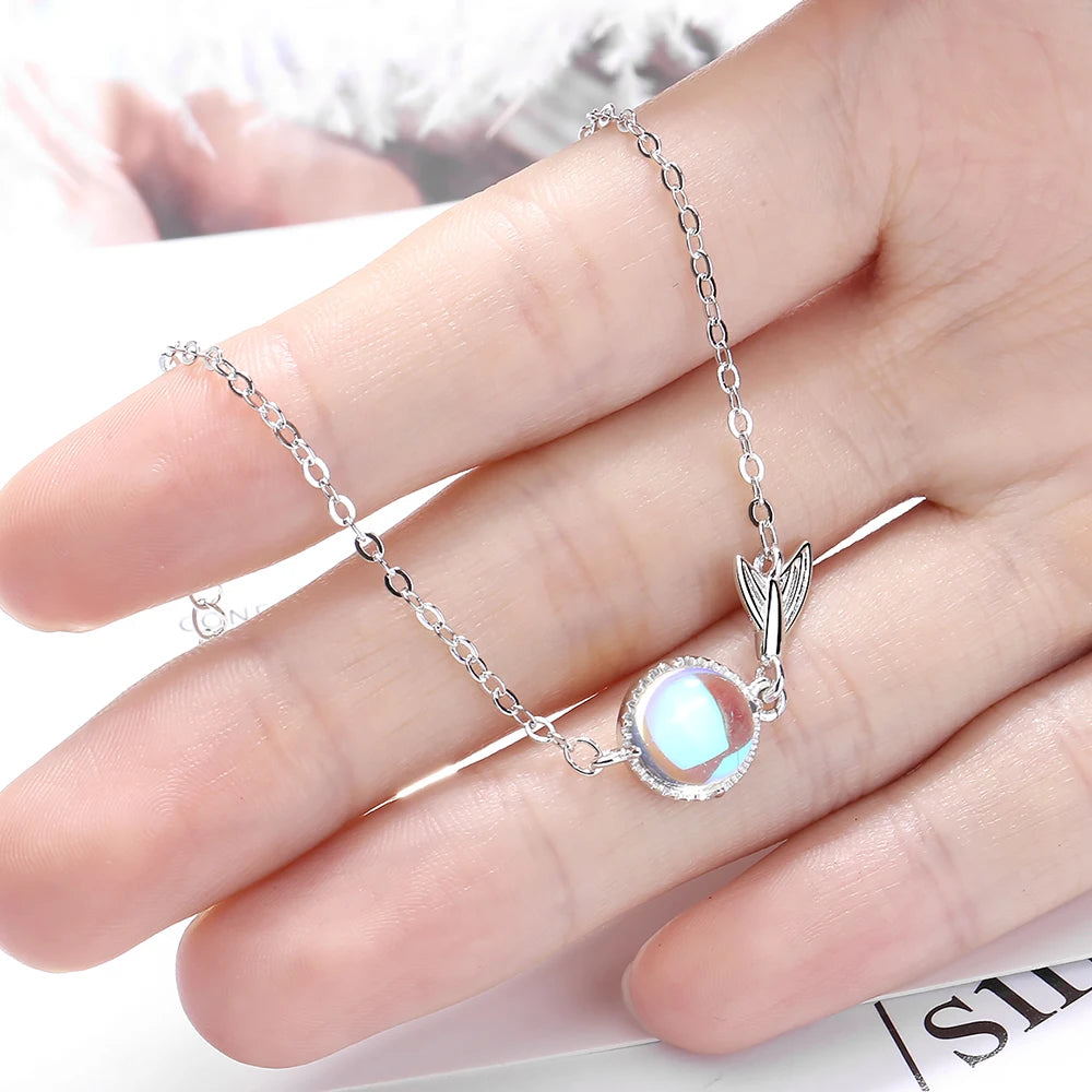 Fashion Brand Real 925 Sterling Silver Mermaid Tail Bracelet For Women Colourful Moonstone Bracelet New Designer Wedding Jewelry