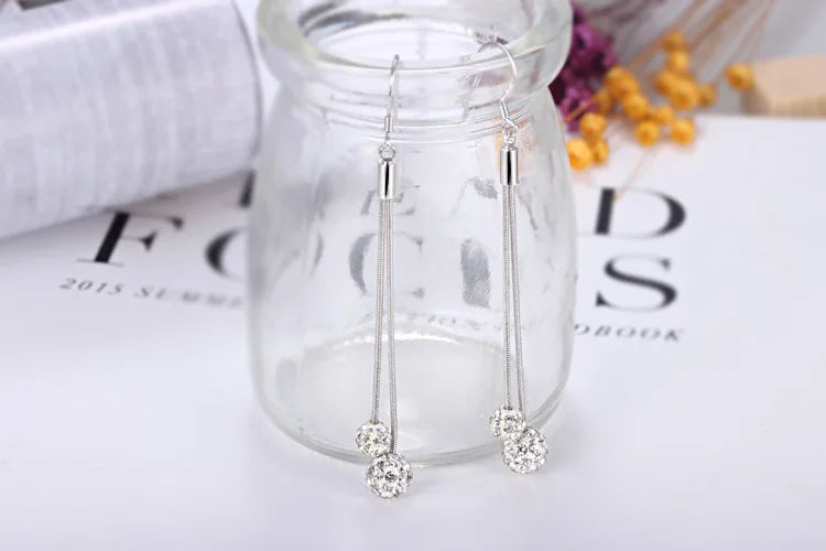 Silver color Bridal Jewelry Rhinestone Crystal Double Balls Long Tassel Drop Earring For Women Boucle D'oreille Oorbellen