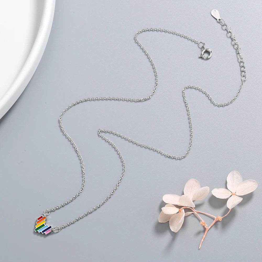 Cute Rainbow Mini Heart Short Clavicle Chain 925 Sterling Silver Temperament Personality Fashion Female Necklace SNE056