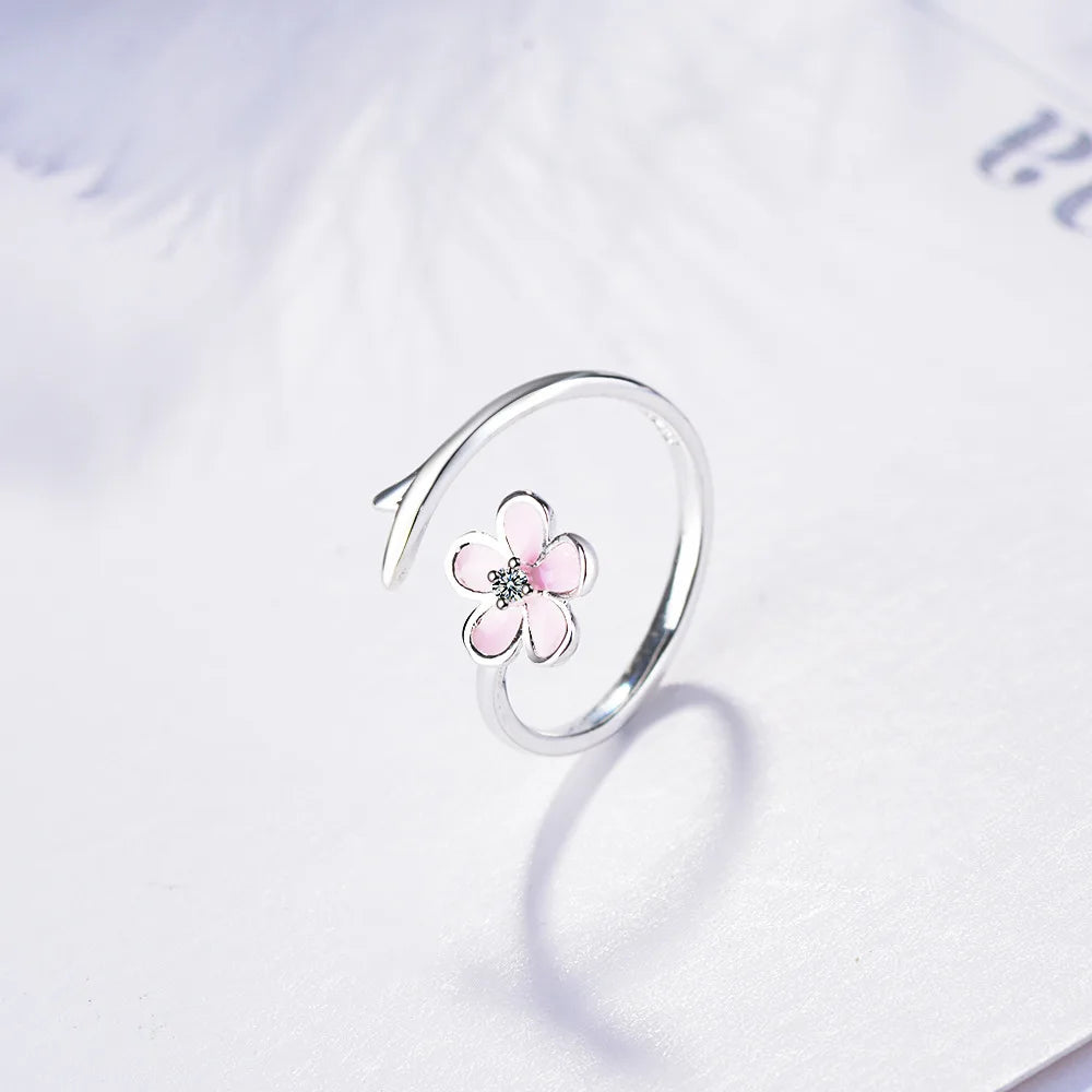 925 Sterling Silver Adjustable Size Ring Flower Magnolia Cubic Zirconia Gradient Pink Enamel Cocktail Ring Fine Jewelry Gifts