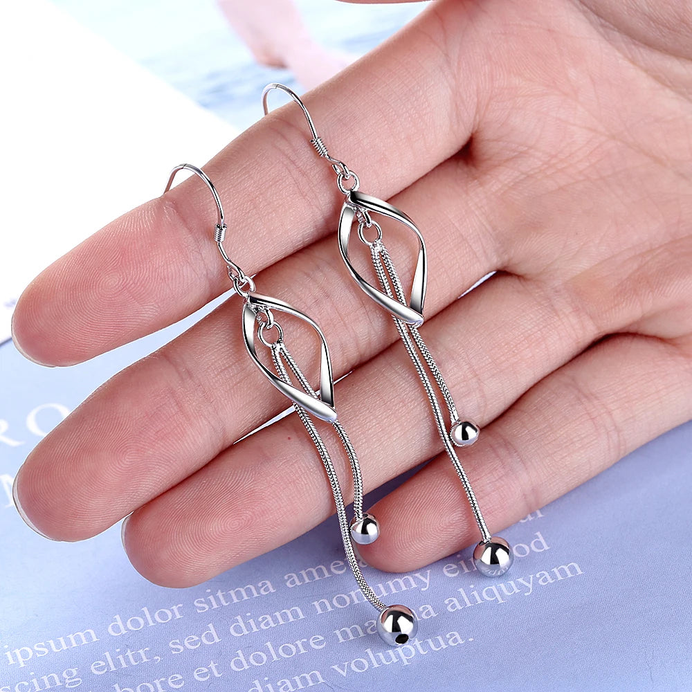 925 stamp silver color Twisted Drop Earrings For Women Beads Long Tassel Earrings oorbellen brincos pendientes