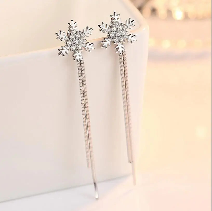 925 stamp silver color Drop Earrings For Women Zirconia Snowflake Long Tassel Earrings pendant earrings S-E415