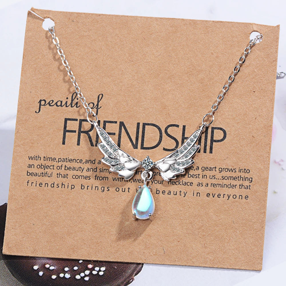 Fashion Exquisite Temperament 925 Sterling Silver Jewelry Moonstone Crystal Angel Wings Clavicle Chain Pendant Necklaces