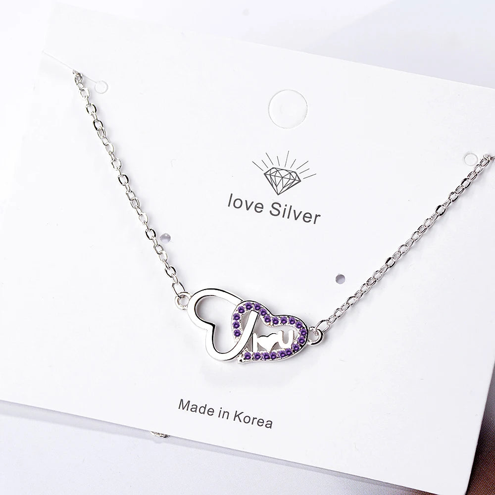 Micro Zirconia Double Love Heart 925 Sterling Silver Necklace For Women Short Clavicle Chain Christmas Gift S-N303